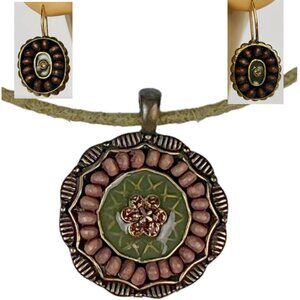 Vintage Lia Sophia Floral Medallion Necklace Choker and Earrings Green Brown Set